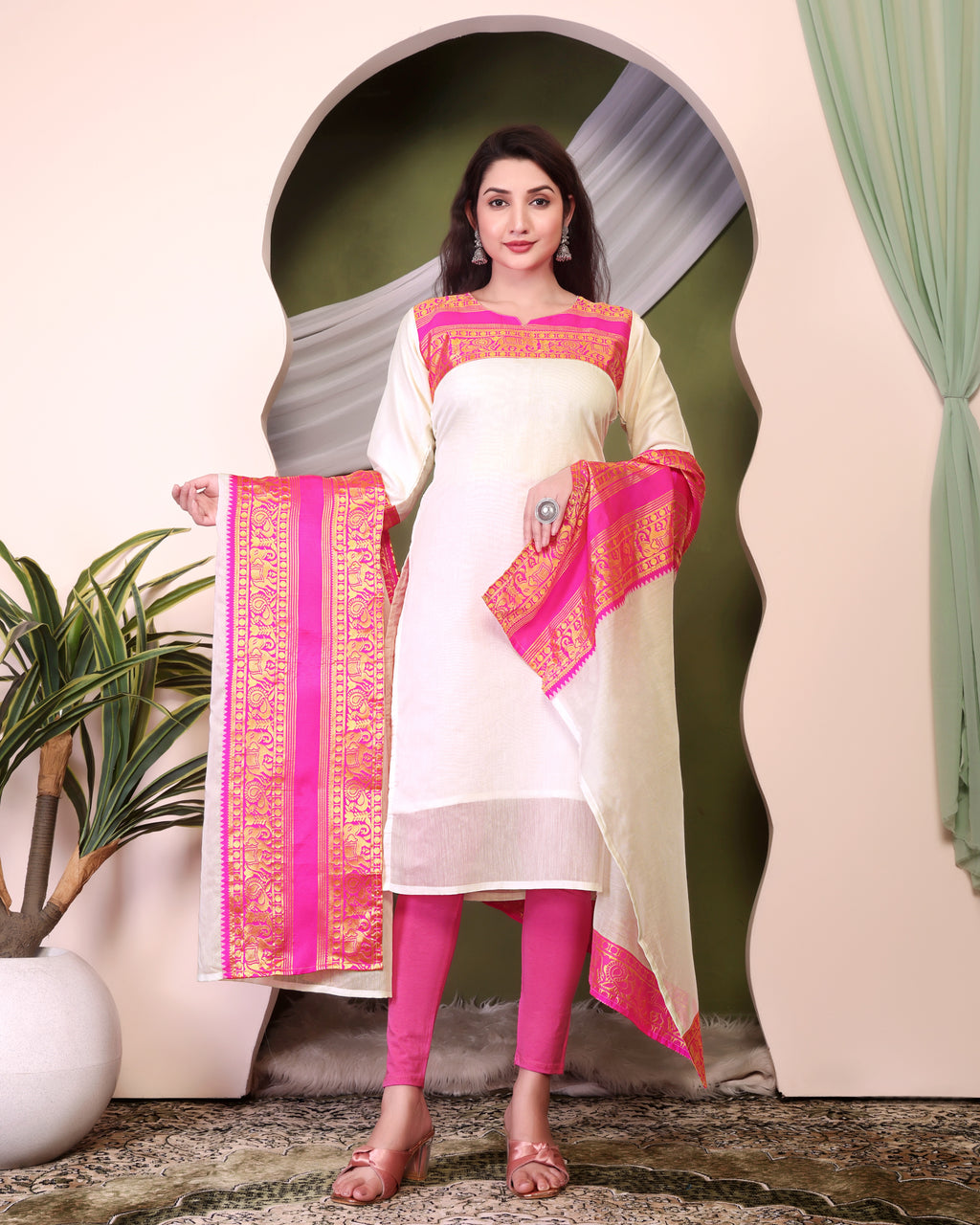 Royal Off-White Kurti Set with Rani Pink Zari Dupatta