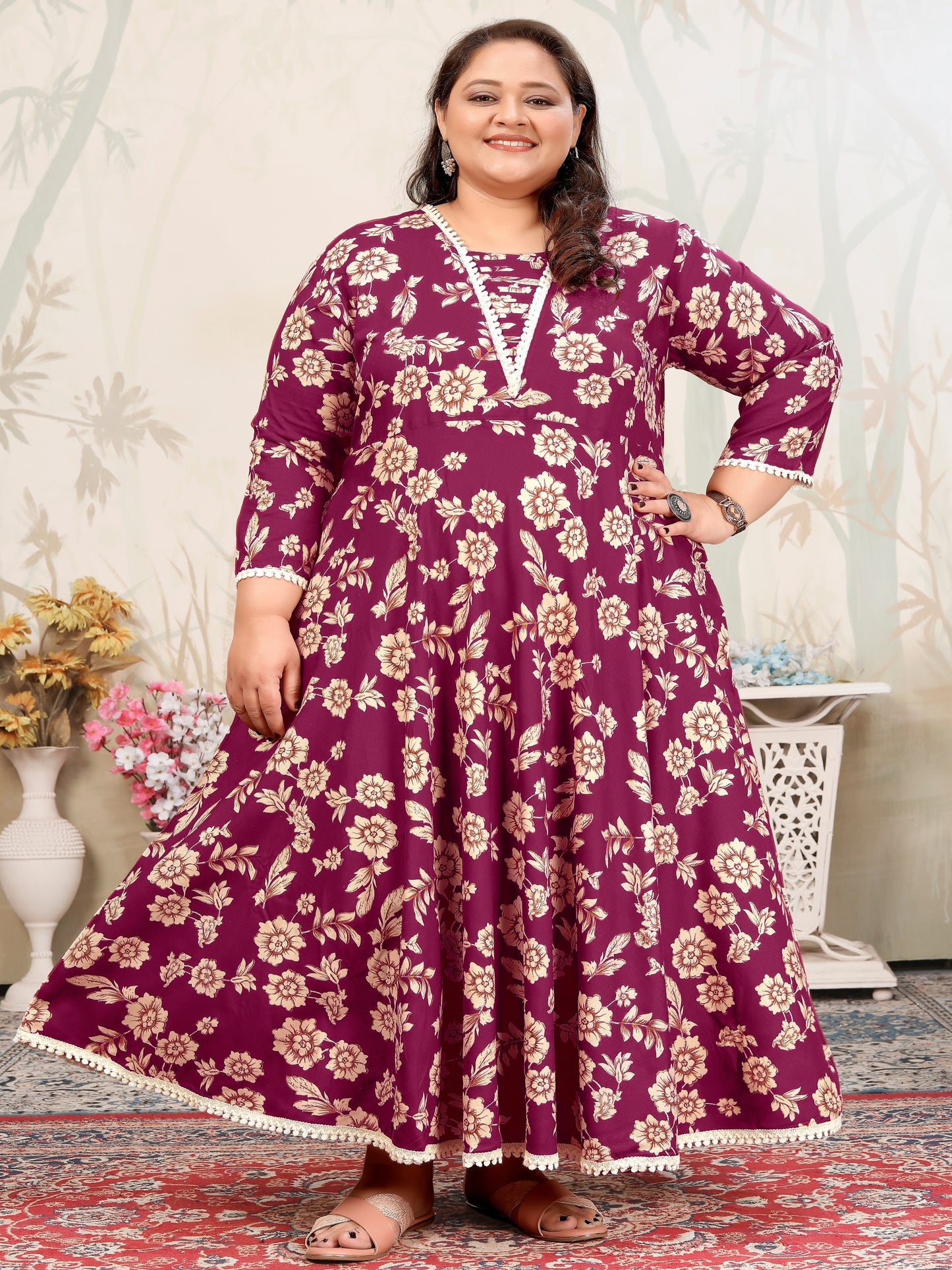 Plus Size Magenta Floral Maxi Gown – Elegant Long Dress for Women