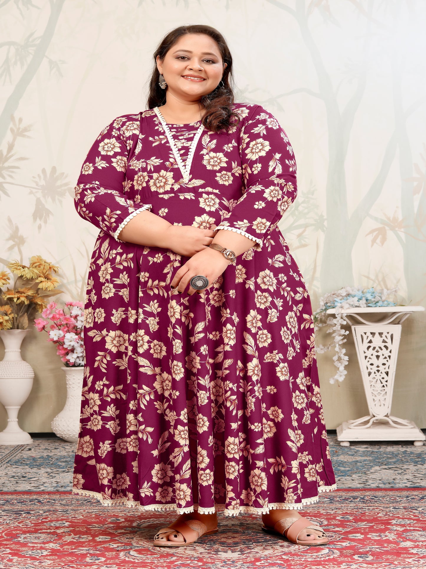 Plus Size Magenta Floral Maxi Gown – Elegant Long Dress for Women