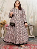 Plus Size Beige Abstract Print Gown – Elegant Maxi Dress for Special Occasions
