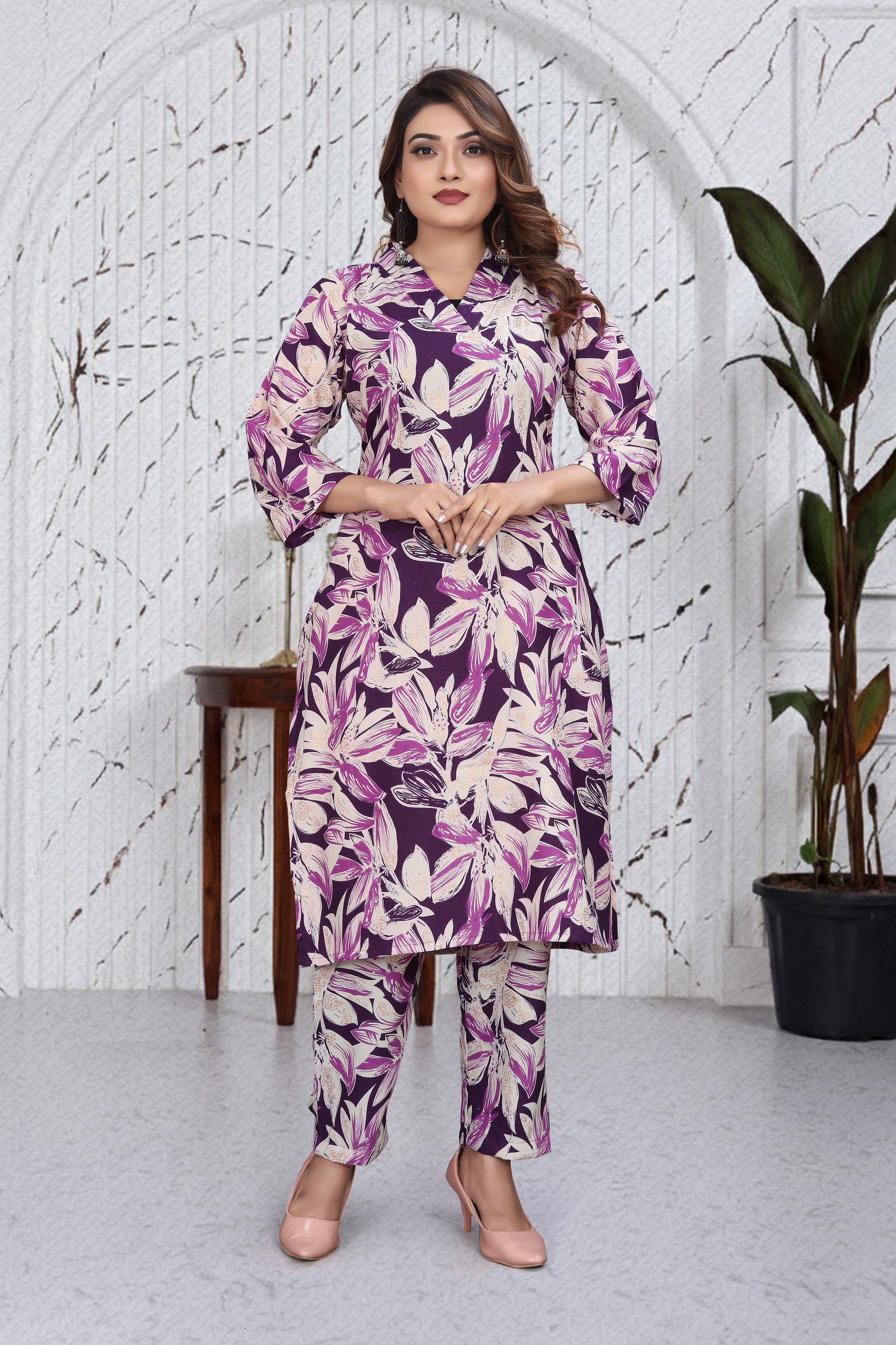 Wine Purple Floral Co-Ord Kurti Set