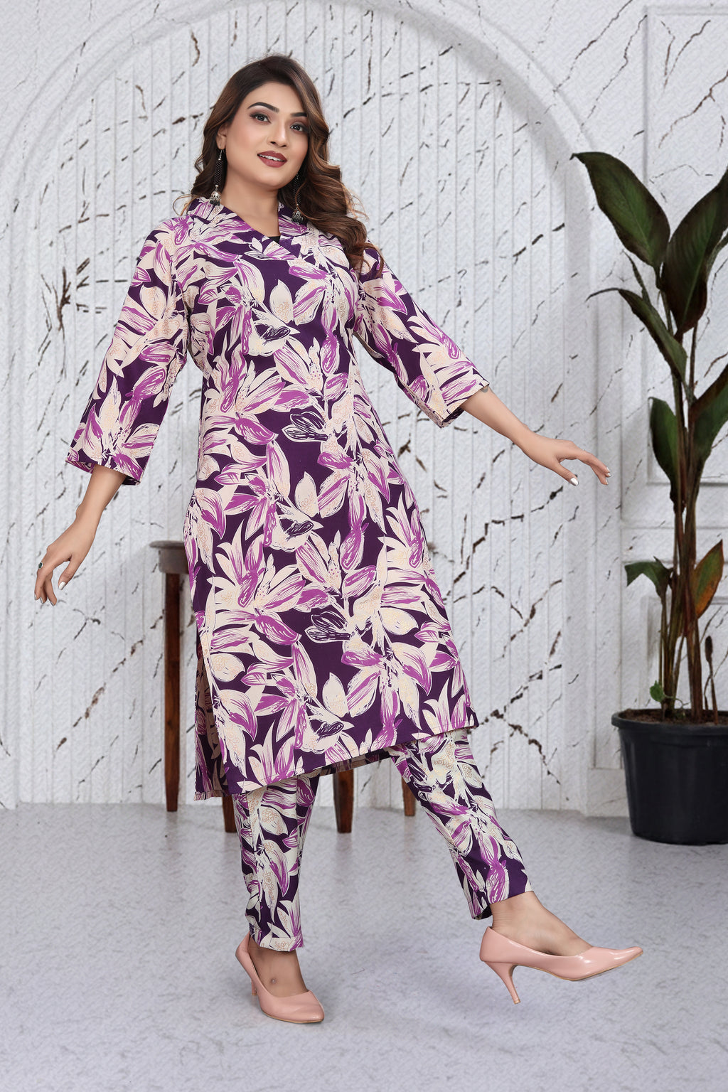 Wine Purple Floral Co-Ord Kurti Set