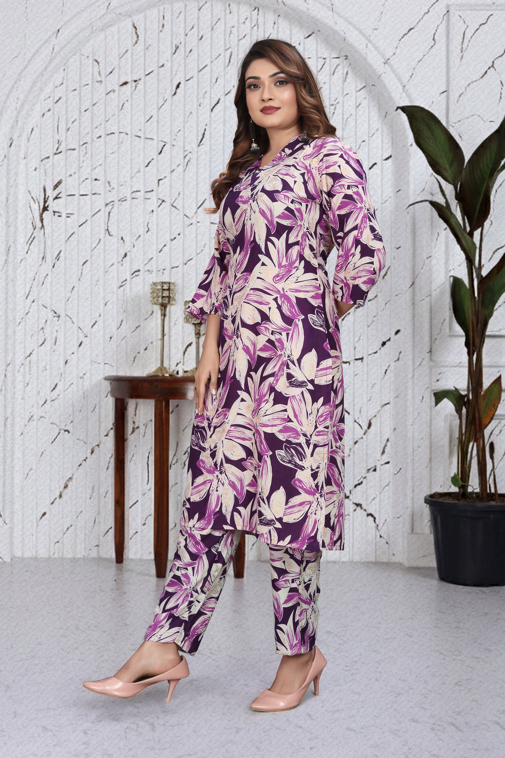 Wine Purple Floral Co-Ord Kurti Set