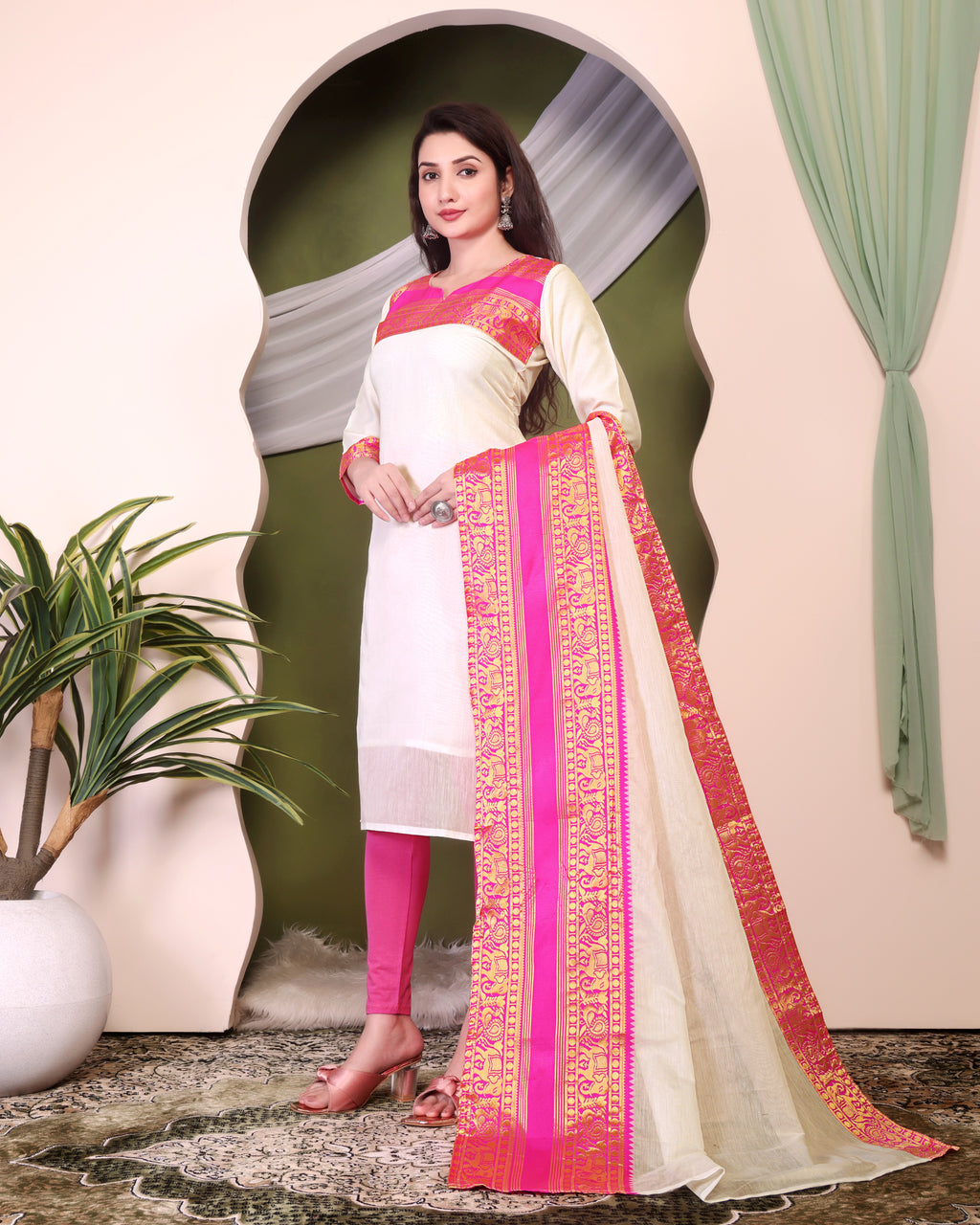 Royal Off-White Kurti Set with Rani Pink Zari Dupatta