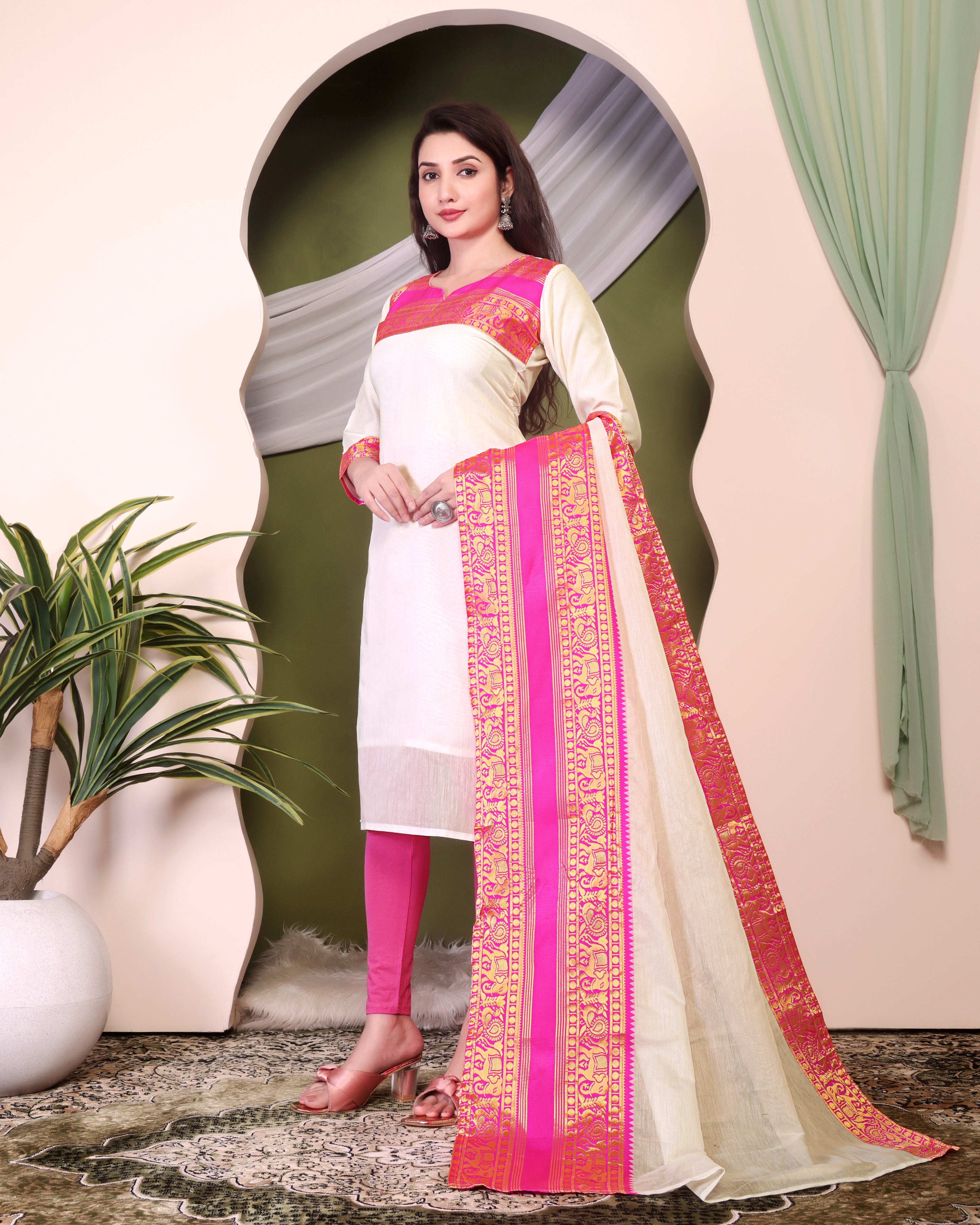 Royal Off-White Kurti Set with Rani Pink Zari Dupatta