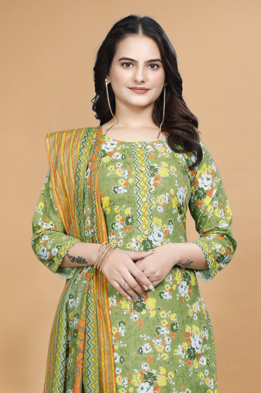 Green Cotton Kurta Pant Set with Floral Print & Dupatta