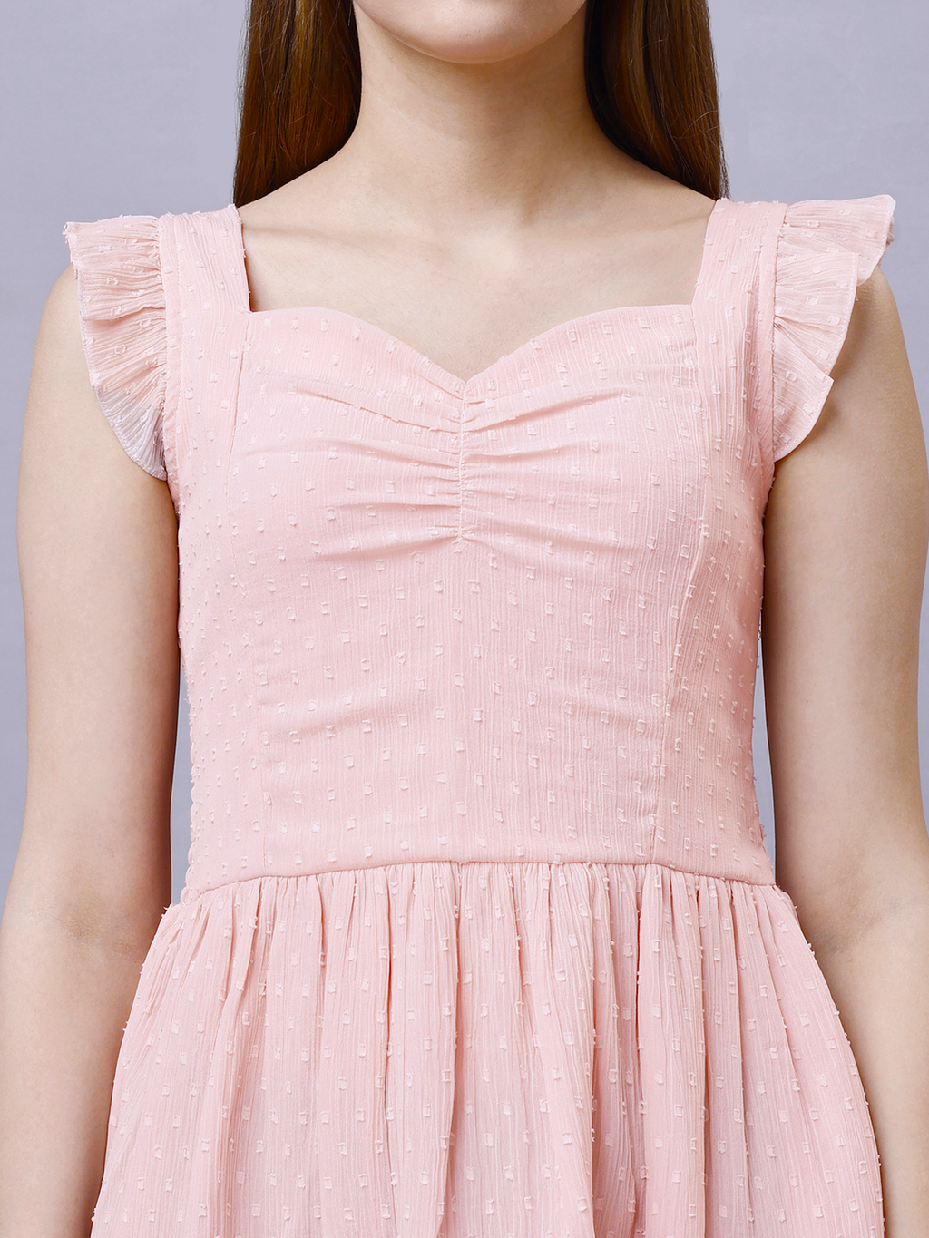 Beige Chiffon Dobby Barbie Mini Dress with Sweetheart Neckline