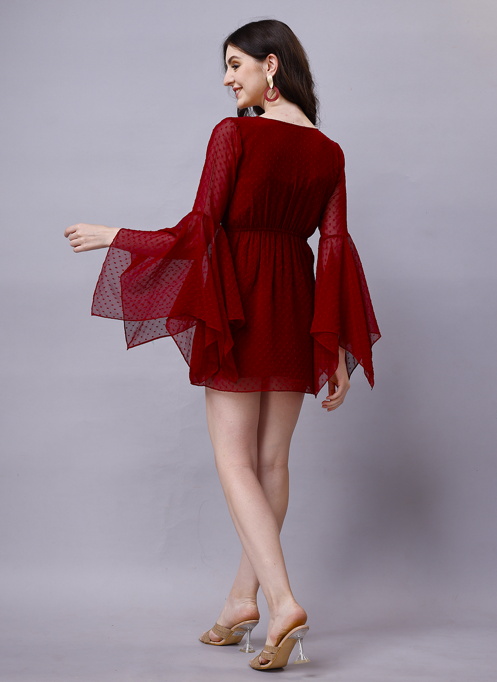 Maroon Chiffon Dobby Wrap Around Mini Dress
