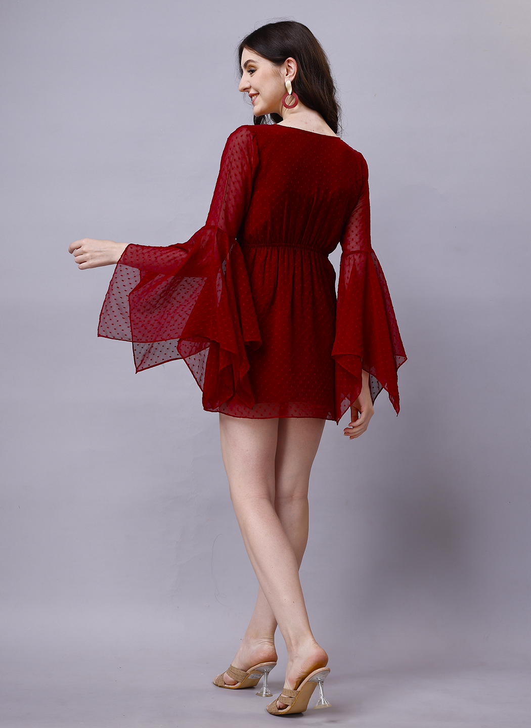 Maroon Chiffon Dobby Wrap Around Mini Dress