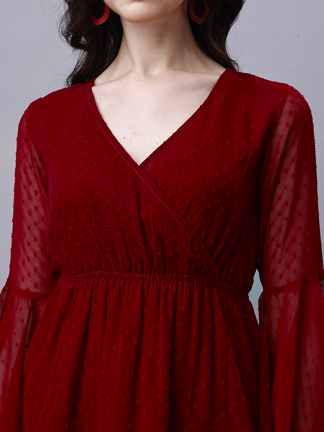 Maroon Chiffon Dobby Wrap Around Mini Dress