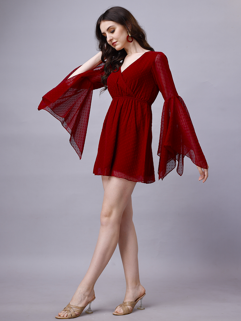 Maroon Chiffon Dobby Wrap Around Mini Dress