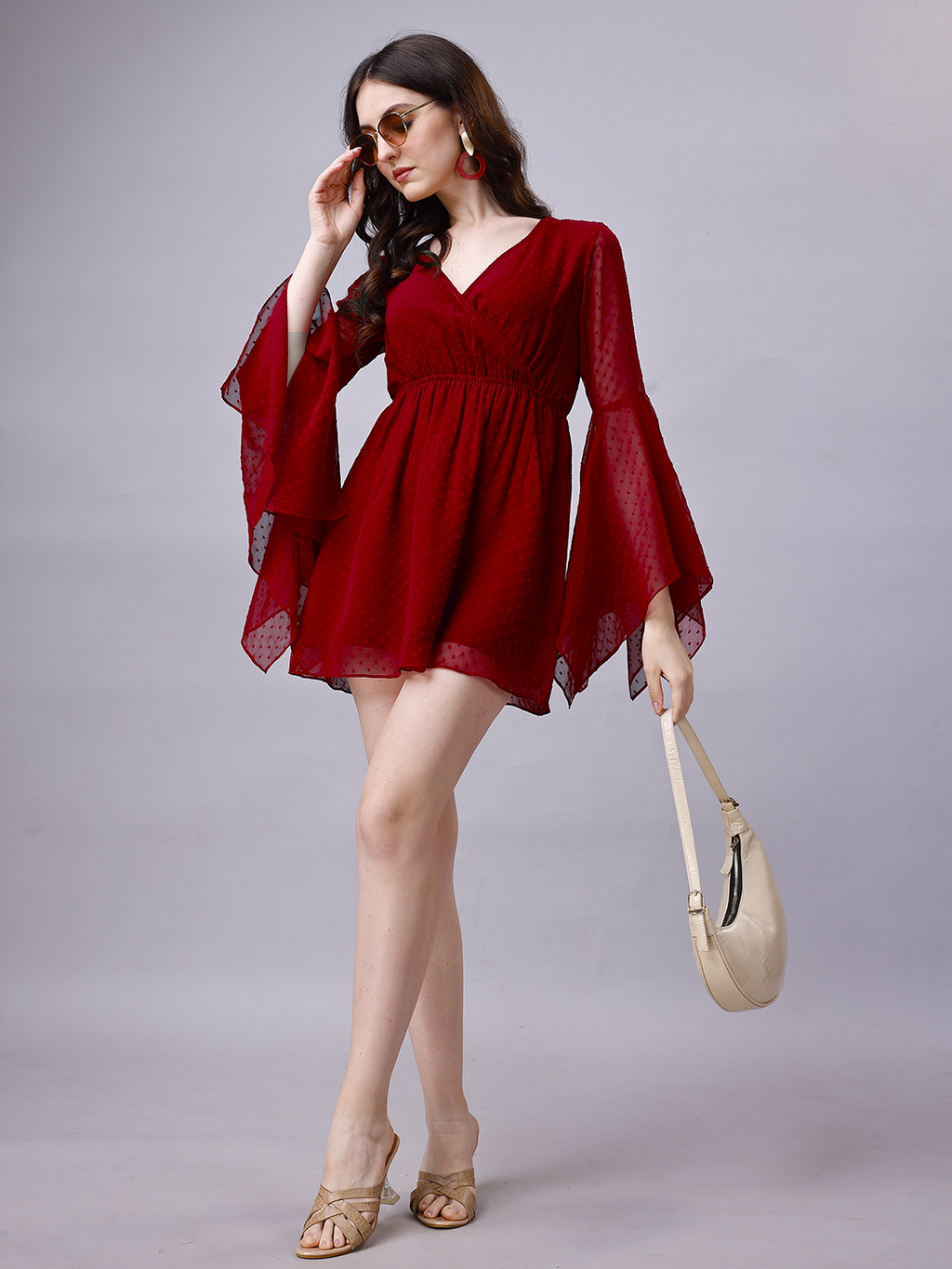 Maroon Chiffon Dobby Wrap Around Mini Dress
