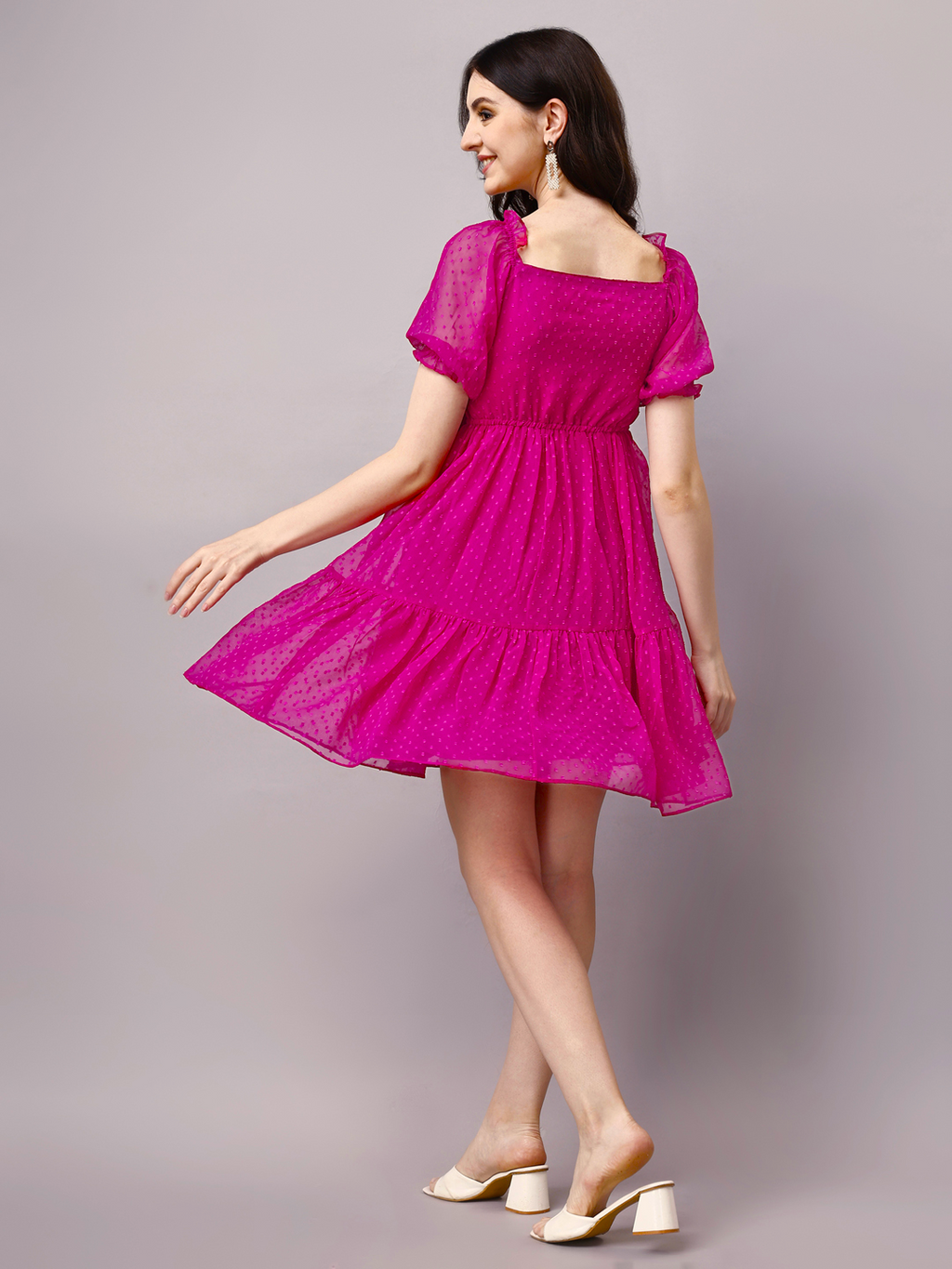 Fuchsia Pink Barbie Fit & Flare Midi Dress with Puff Sleeve & Pockets