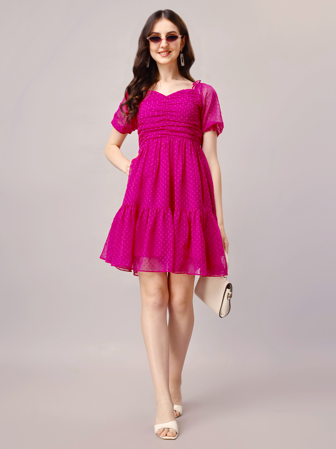 Fuchsia Pink Barbie Fit & Flare Midi Dress with Puff Sleeve & Pockets