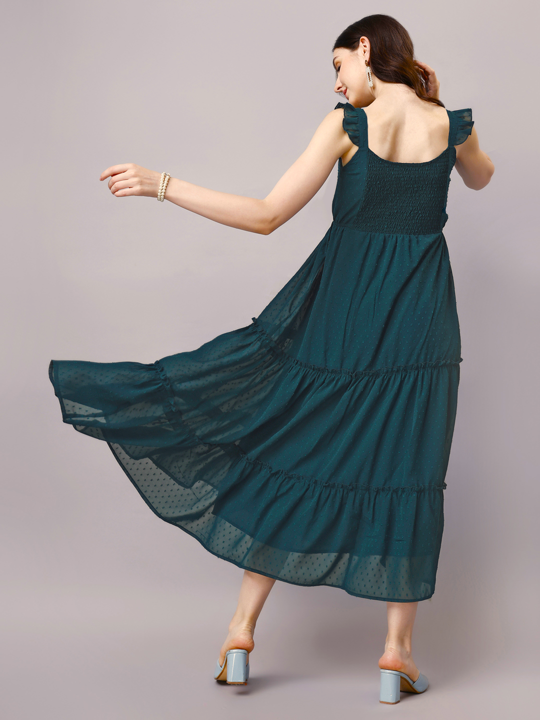 Teal 3-Tier Fit & Flare Maxi Dress with Pockets