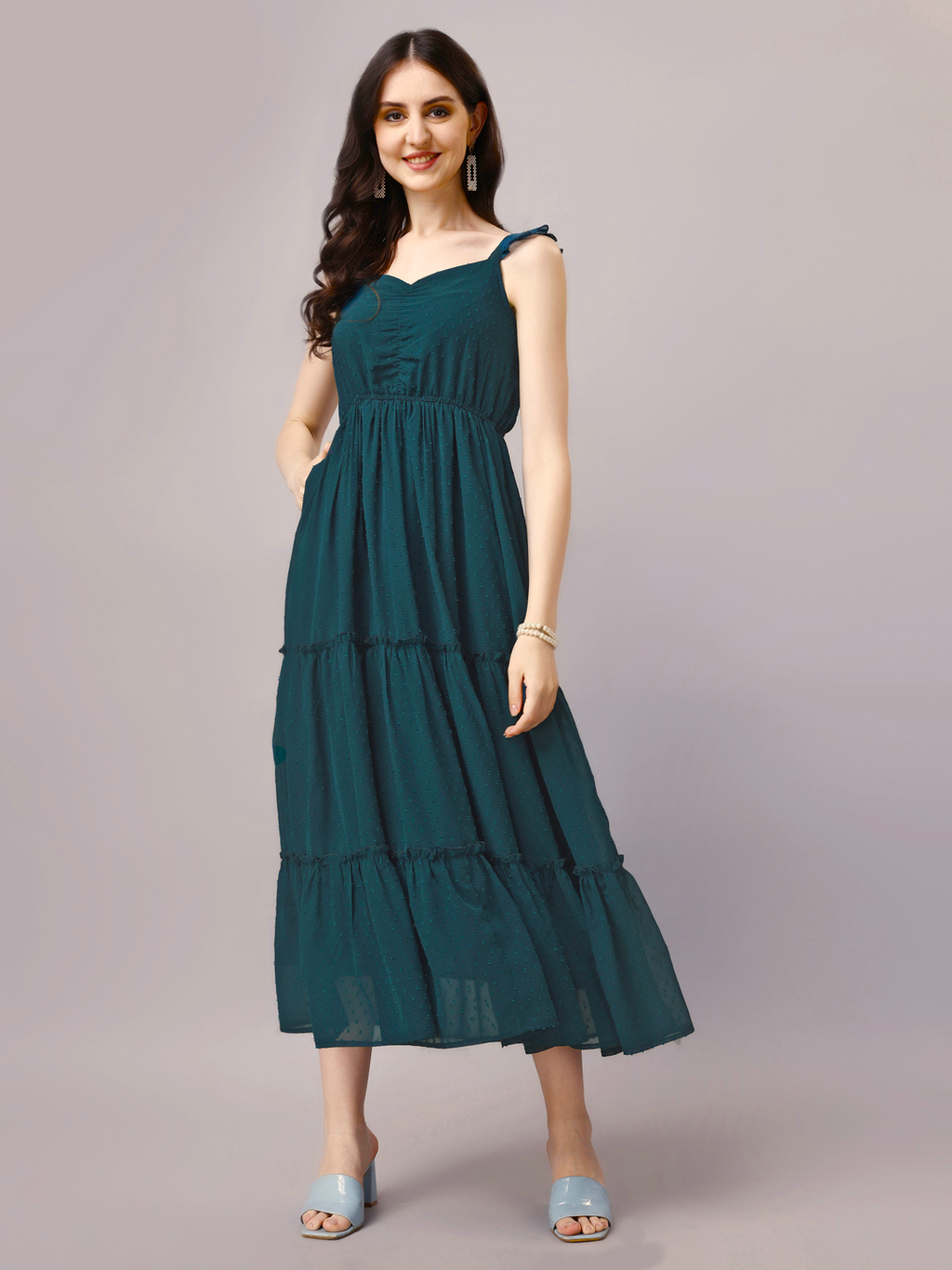 Teal 3-Tier Fit & Flare Maxi Dress with Pockets