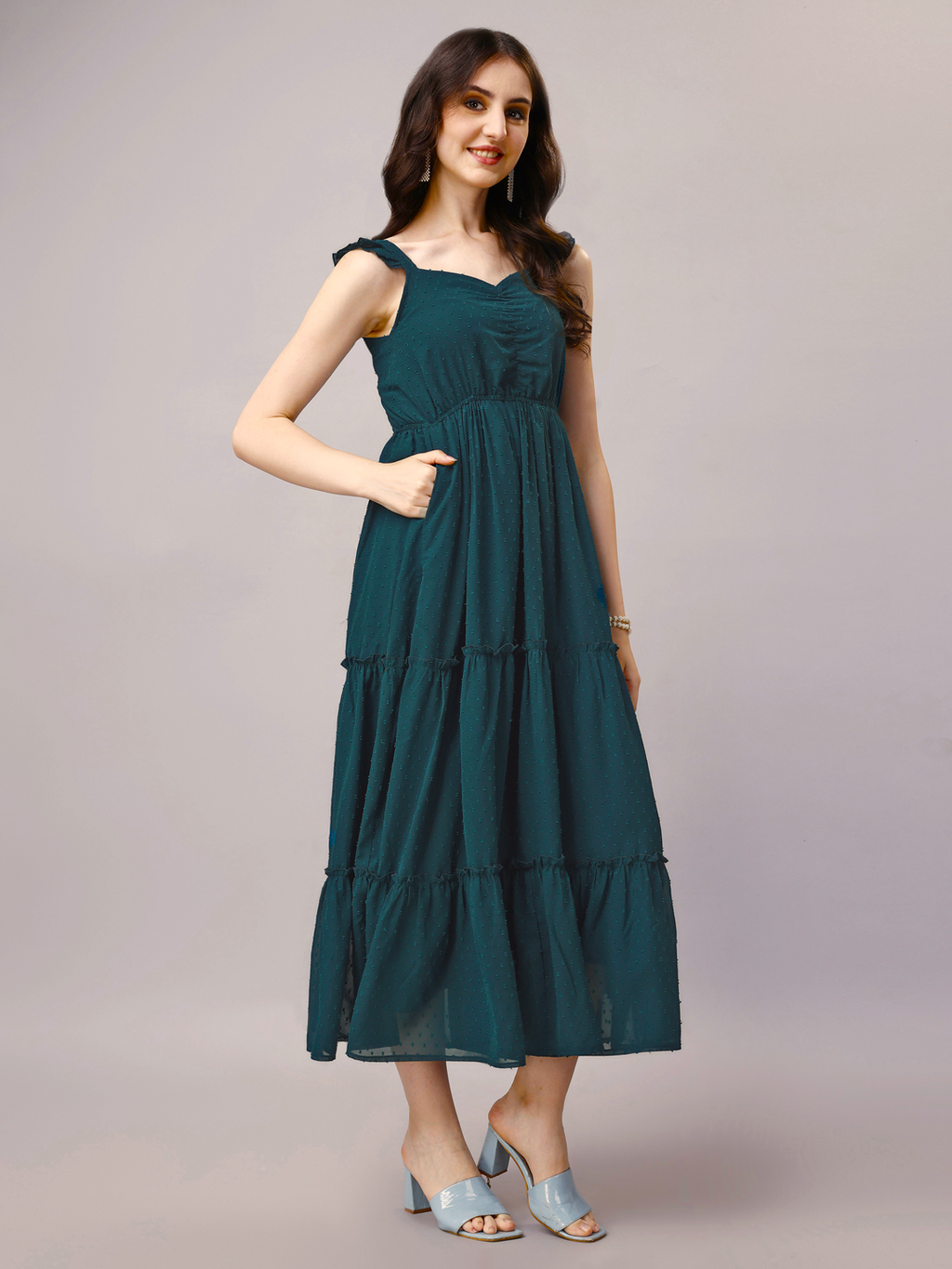 Teal 3-Tier Fit & Flare Maxi Dress with Pockets