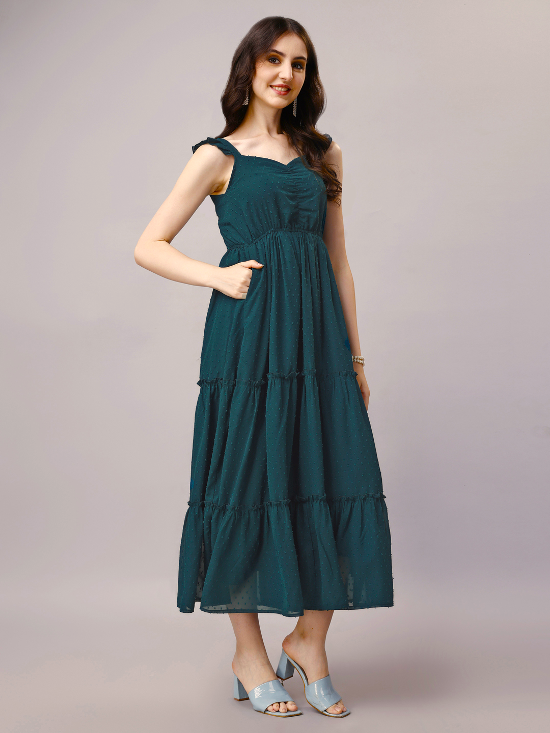 Teal 3-Tier Fit & Flare Maxi Dress with Pockets