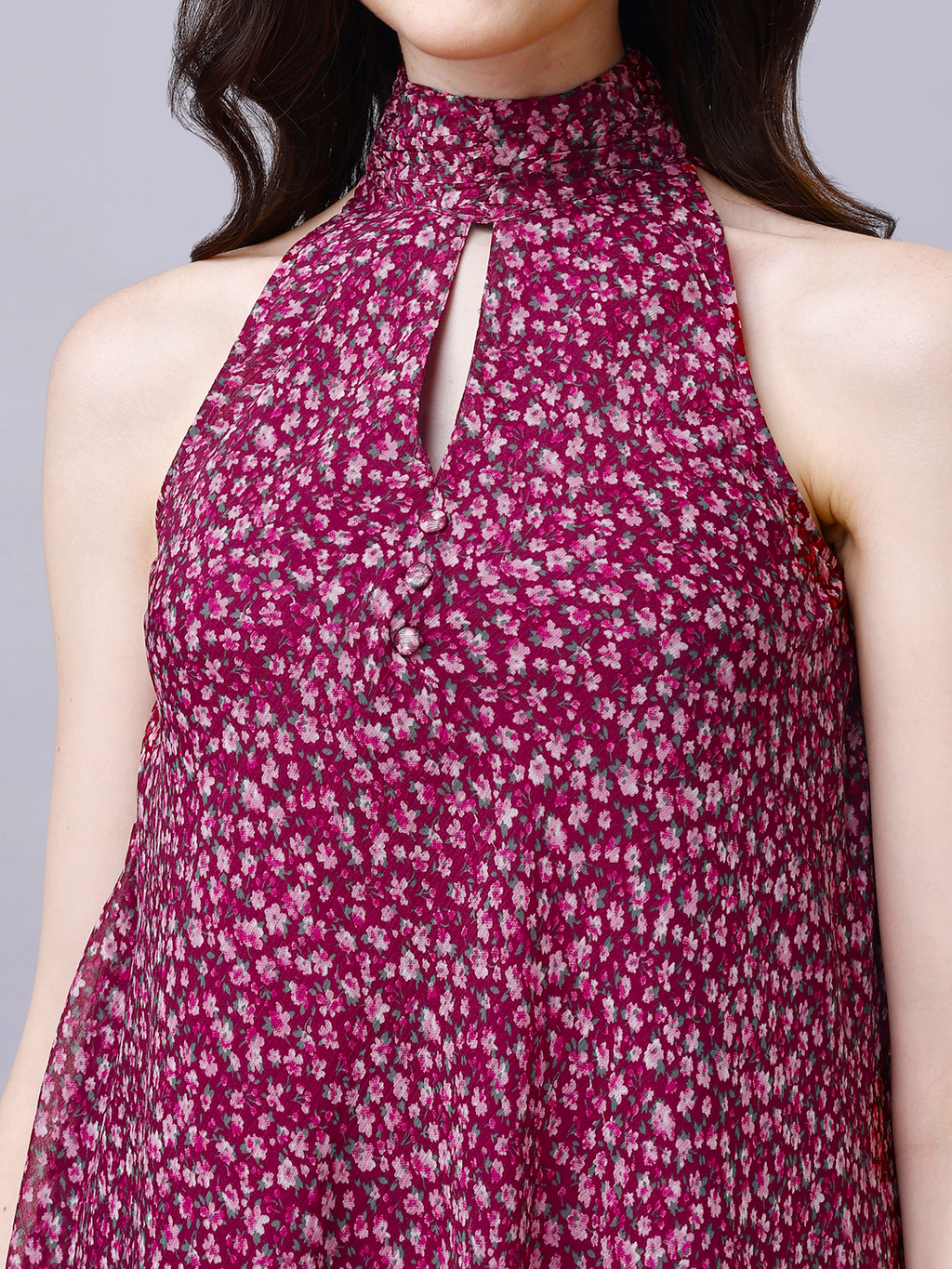 Plum Floral Print Halter Neck Tent Mini Dress in Chiffon