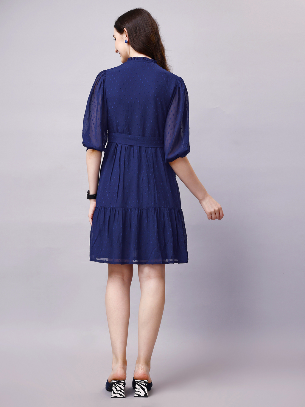 Navy Blue Balloon Sleeve Shirt Midi Dress with Belt