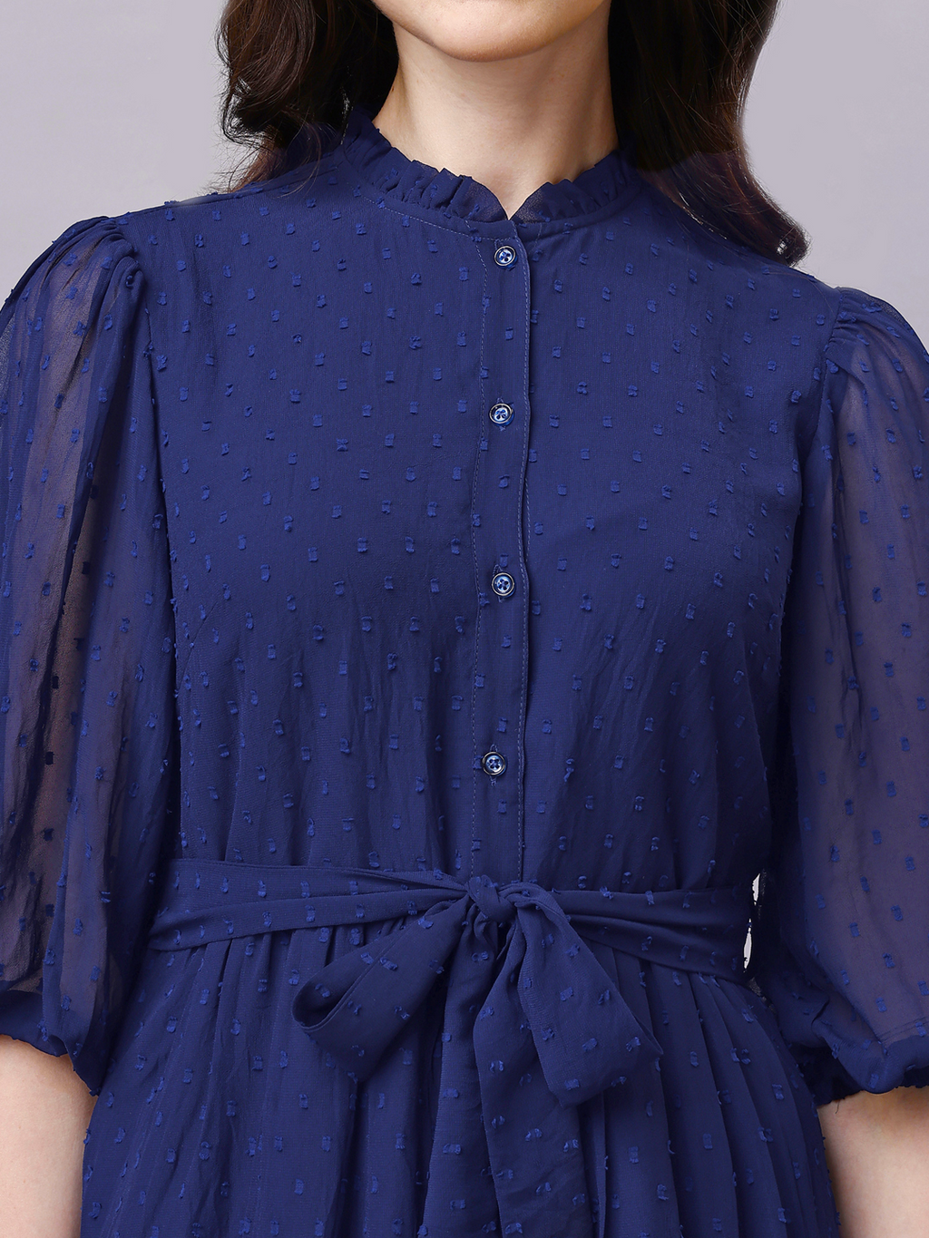 Navy Blue Balloon Sleeve Shirt Midi Dress with Belt