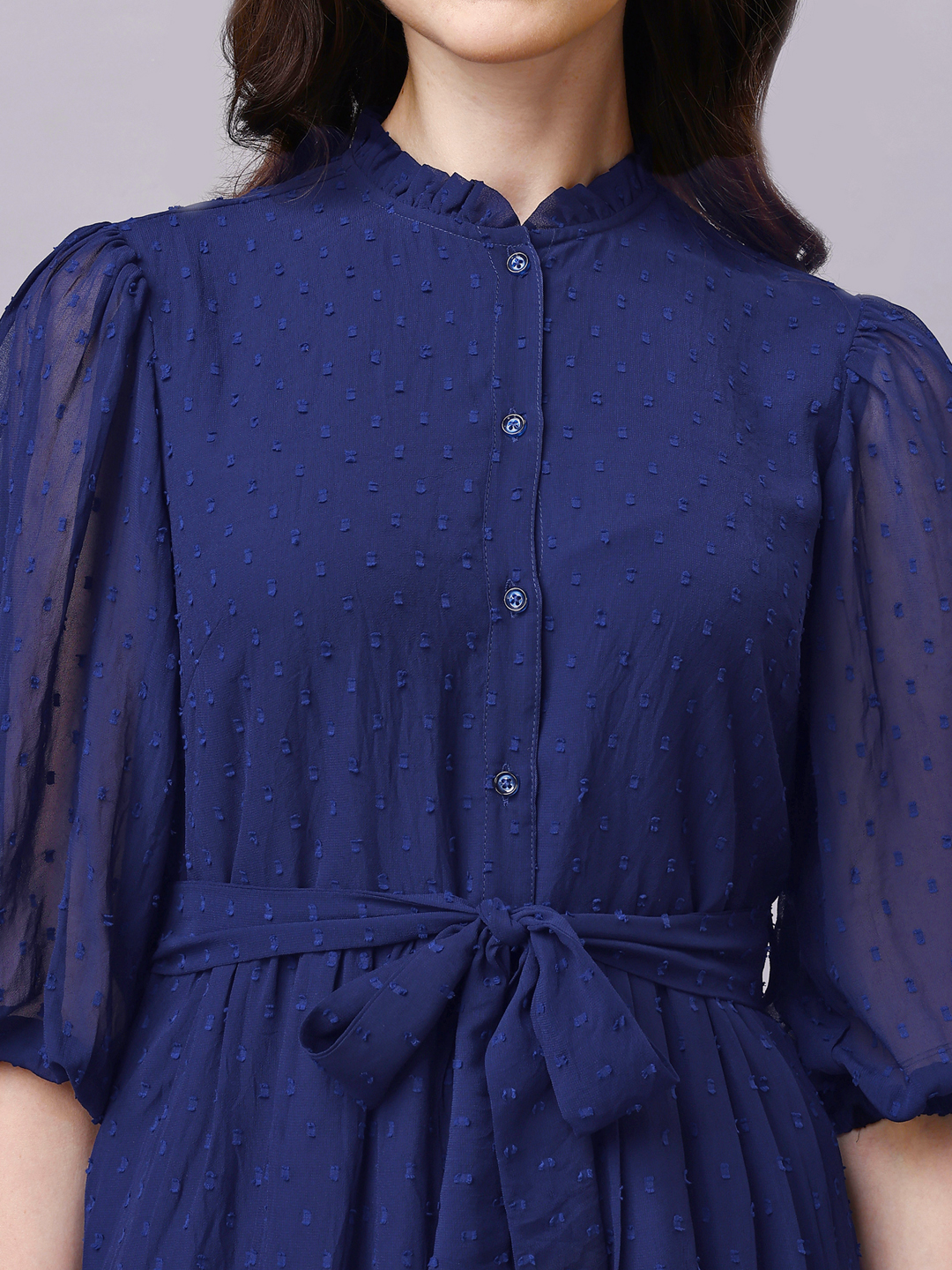 Navy Blue Balloon Sleeve Shirt Midi Dress with Belt