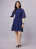 Navy Blue Balloon Sleeve Shirt Midi Dress with Belt