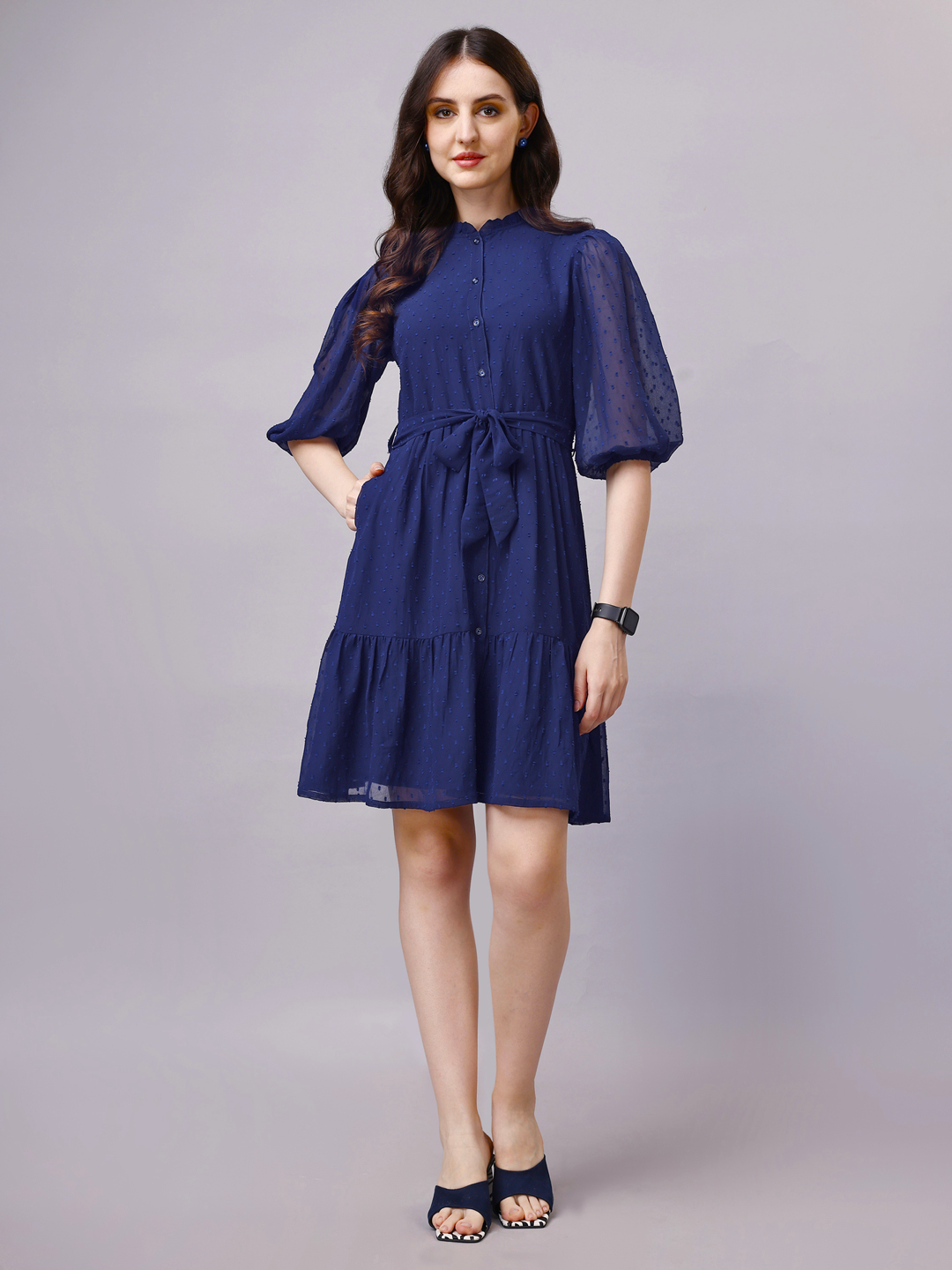 Navy Blue Balloon Sleeve Shirt Midi Dress with Belt