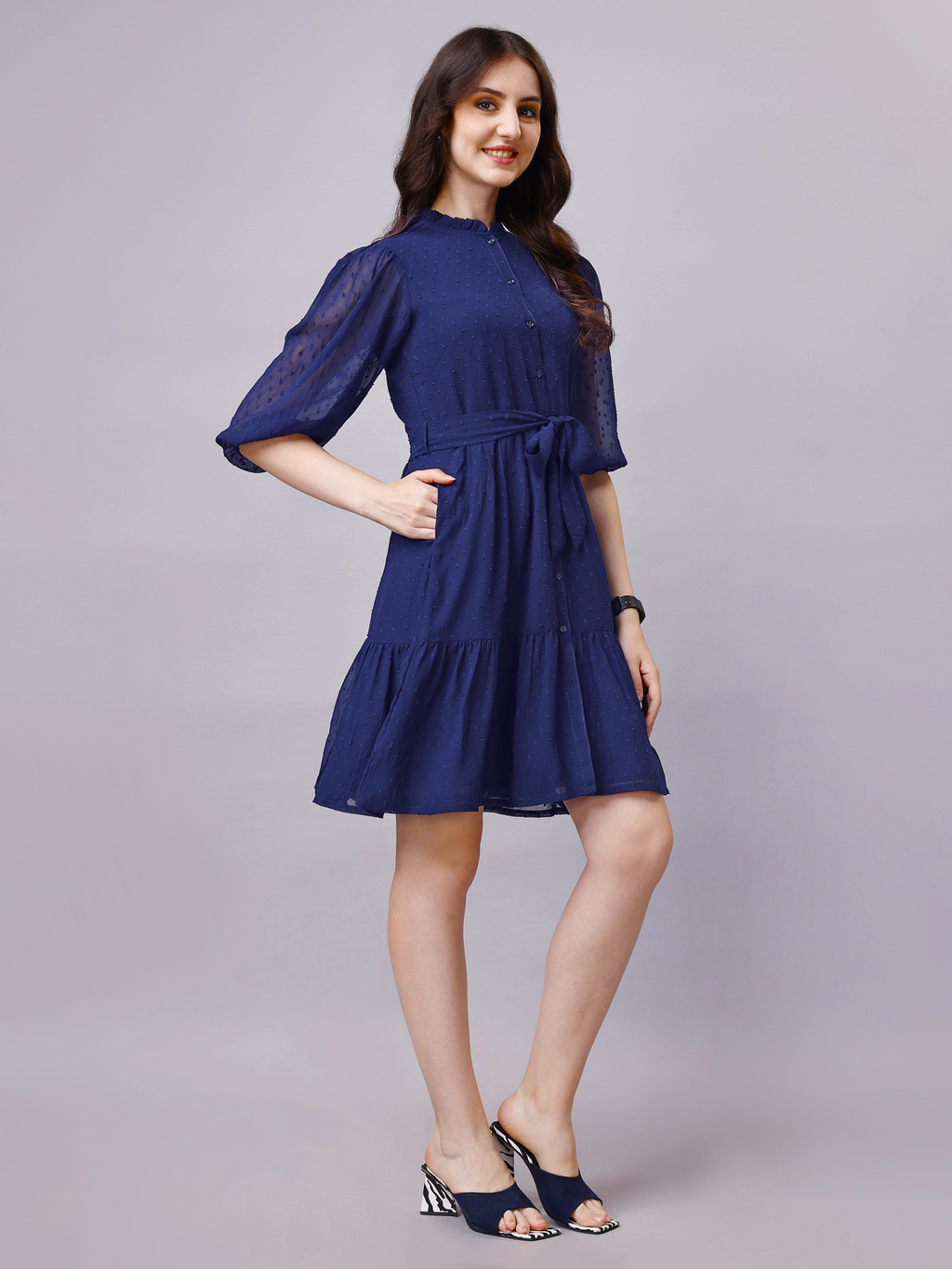 Navy Blue Balloon Sleeve Shirt Midi Dress with Belt