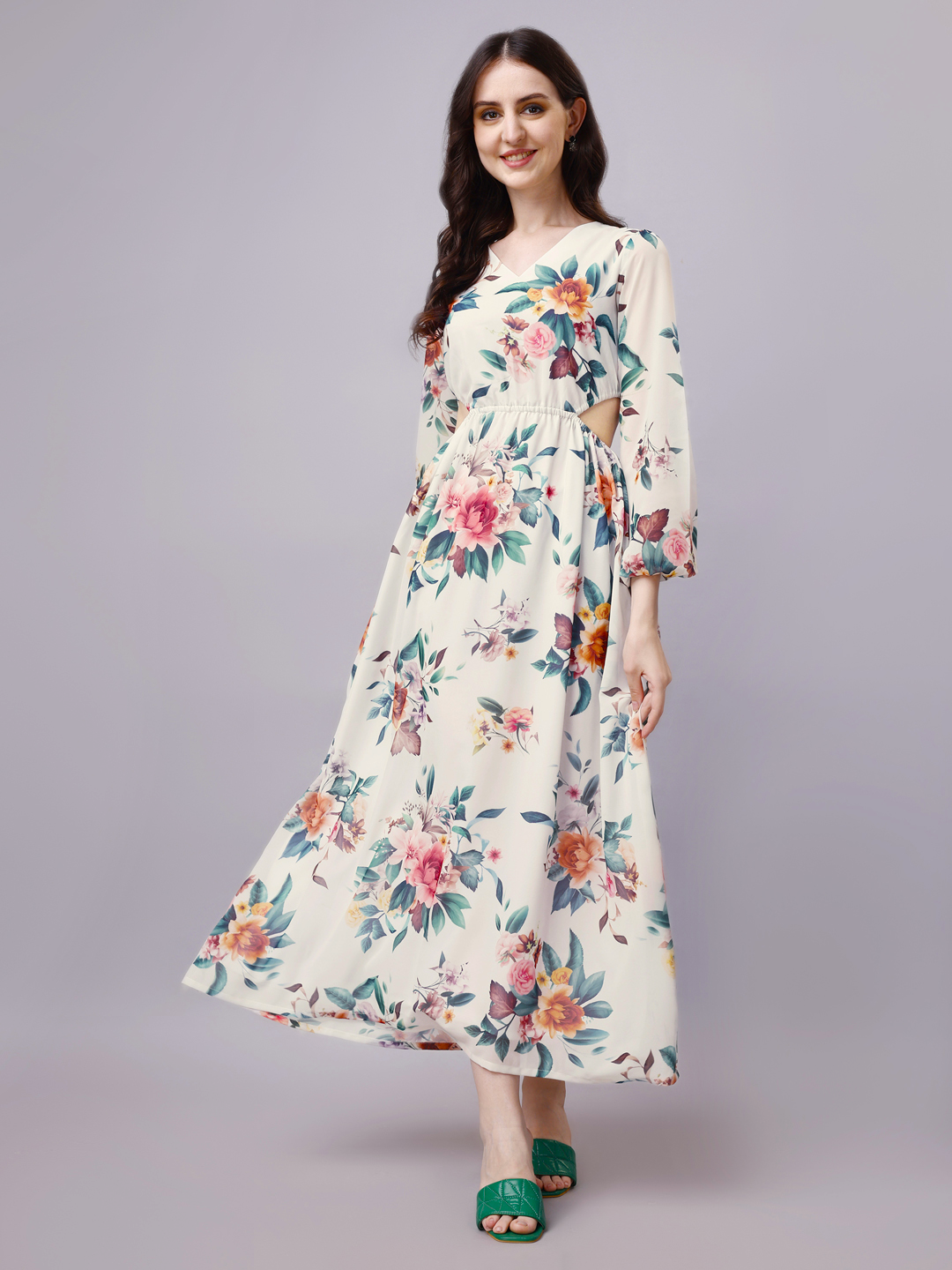 Off-White Tropical Floral A-Line Maxi Dress with Pockets