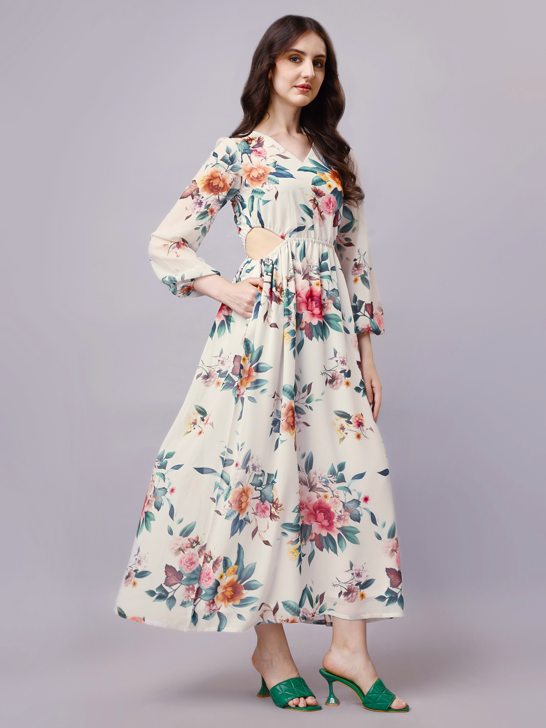 Off-White Tropical Floral A-Line Maxi Dress with Pockets