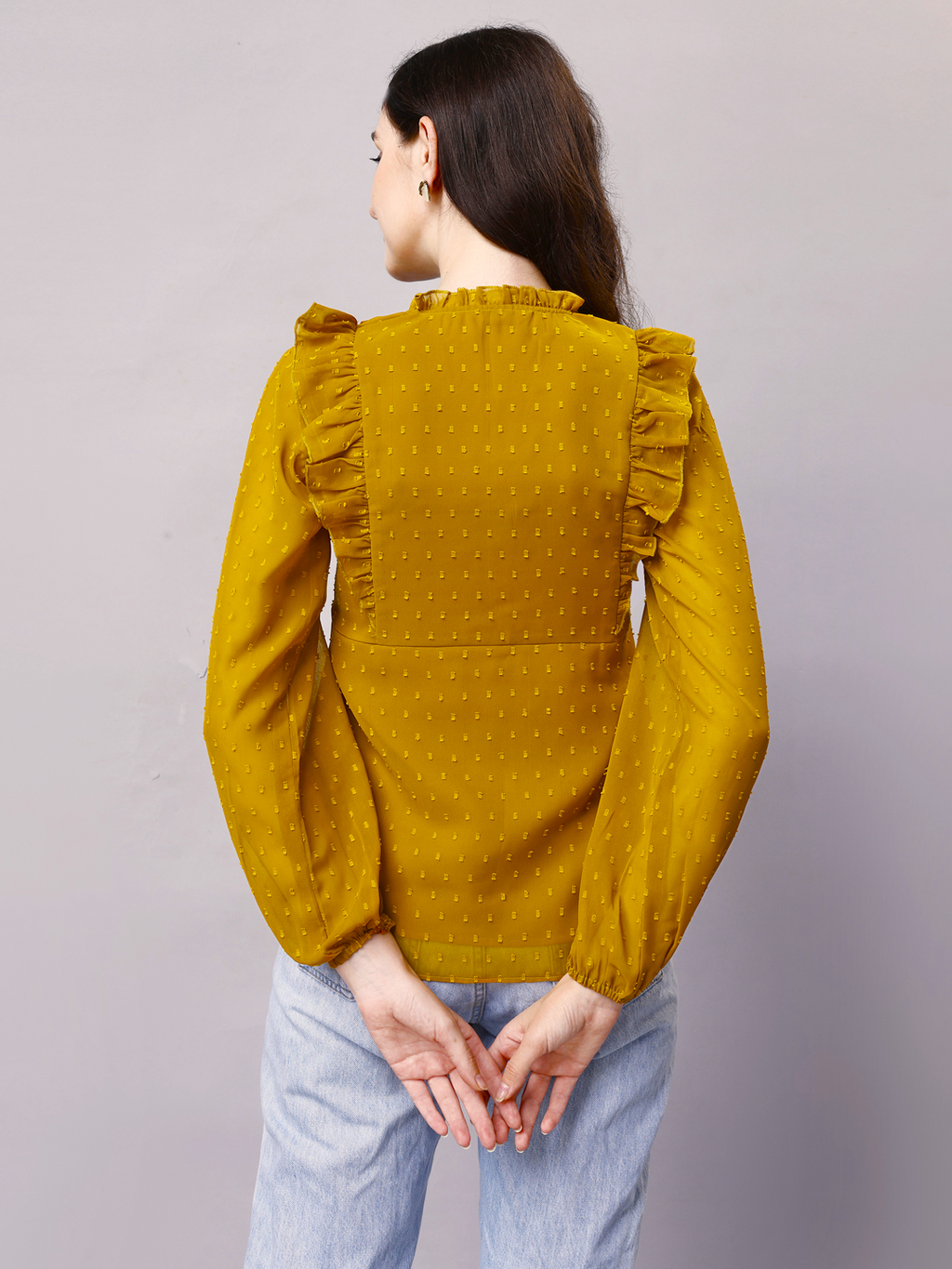 Mustard Yellow Georgette Dobby Ruffled Designer Top