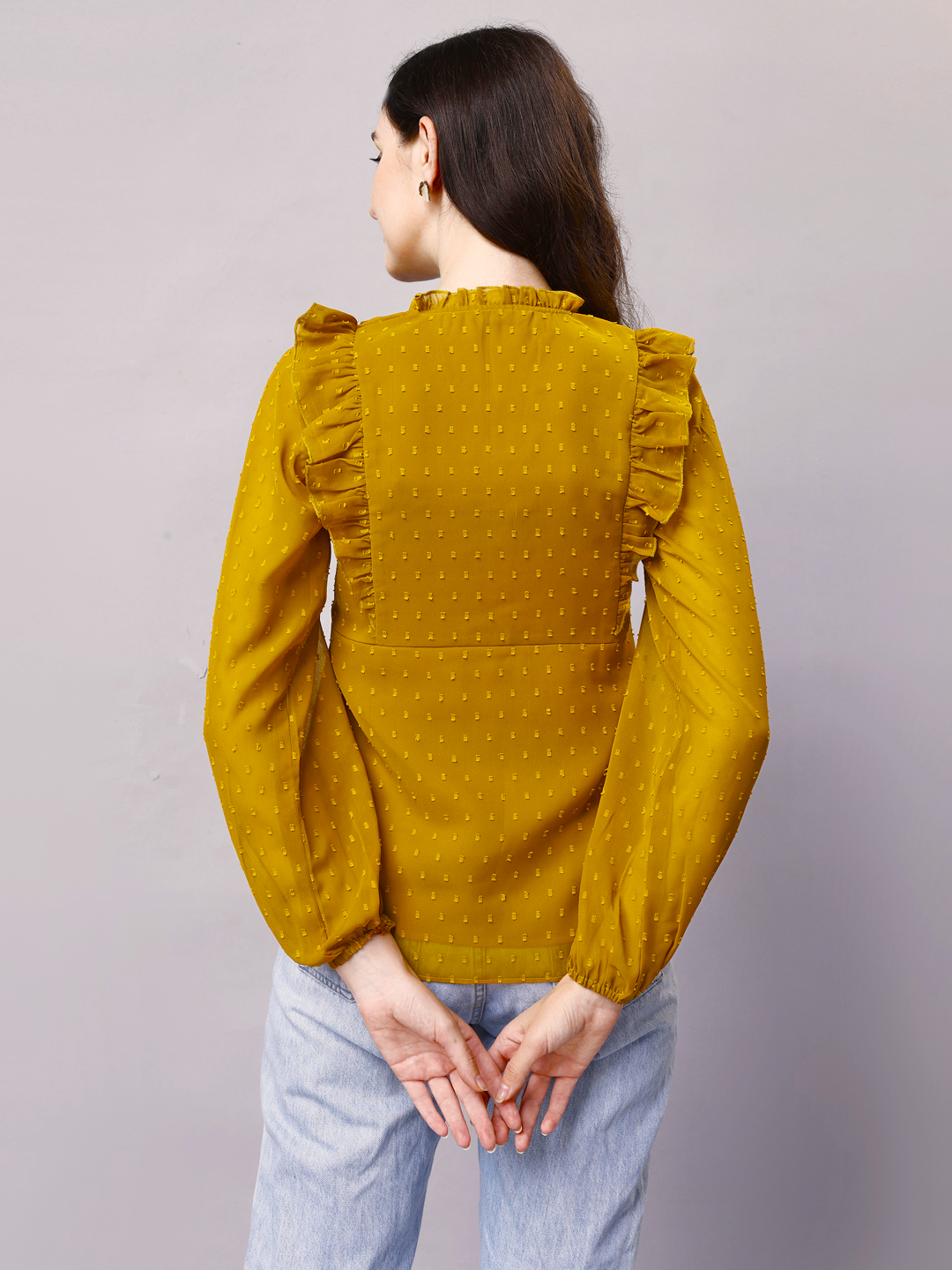 Mustard Yellow Georgette Dobby Ruffled Designer Top