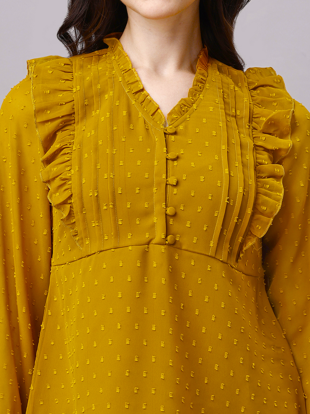 Mustard Yellow Georgette Dobby Ruffled Designer Top