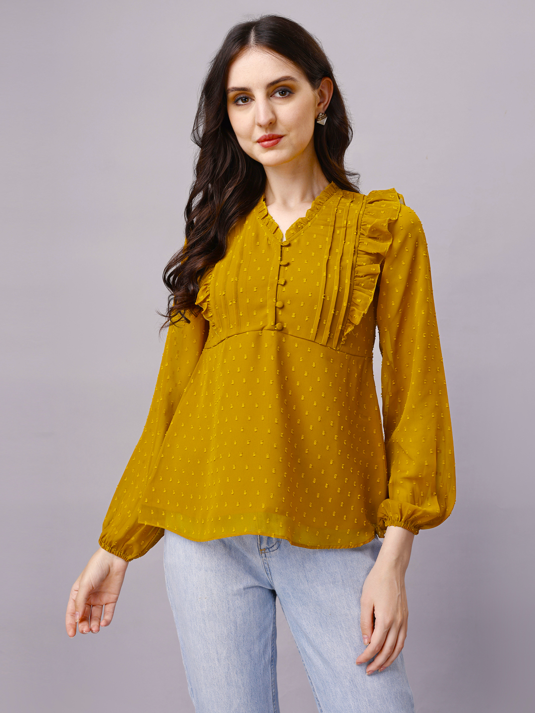 Mustard Yellow Georgette Dobby Ruffled Designer Top
