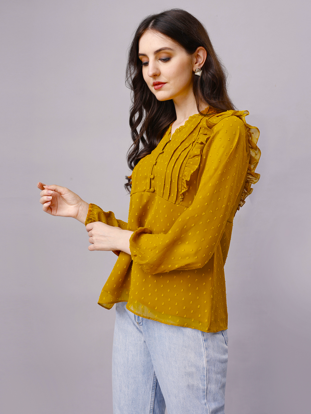 Mustard Yellow Georgette Dobby Ruffled Designer Top