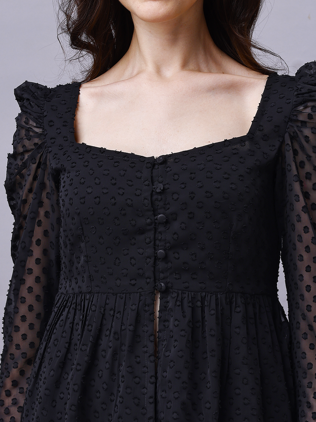 Black Chiffon Dobby Designer Top with Leg-O-Mutton Sleeve