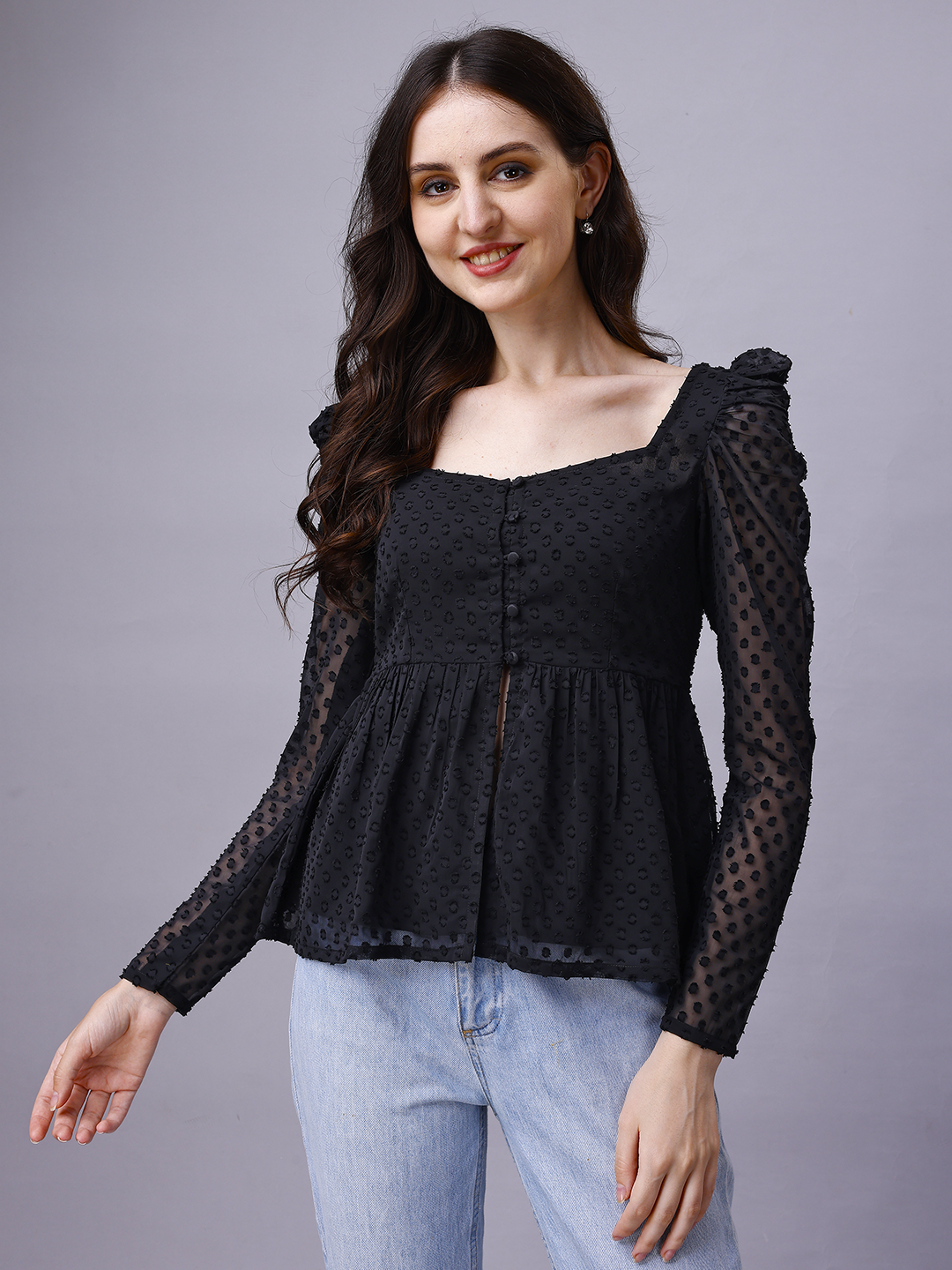 Black Chiffon Dobby Designer Top with Leg-O-Mutton Sleeve