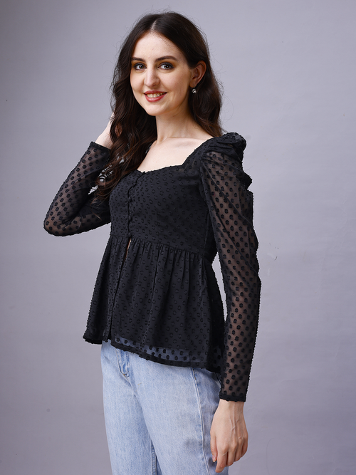 Black Chiffon Dobby Designer Top with Leg-O-Mutton Sleeve