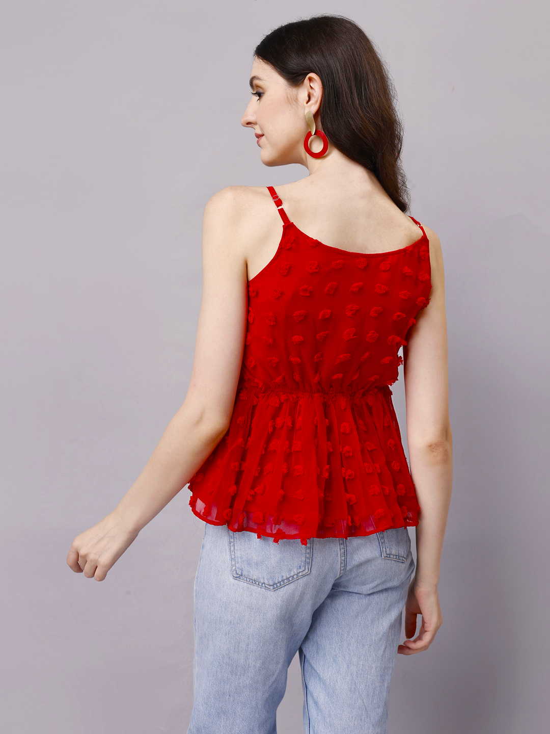Crimson Red Pom Pom Spaghetti Top in Georgette