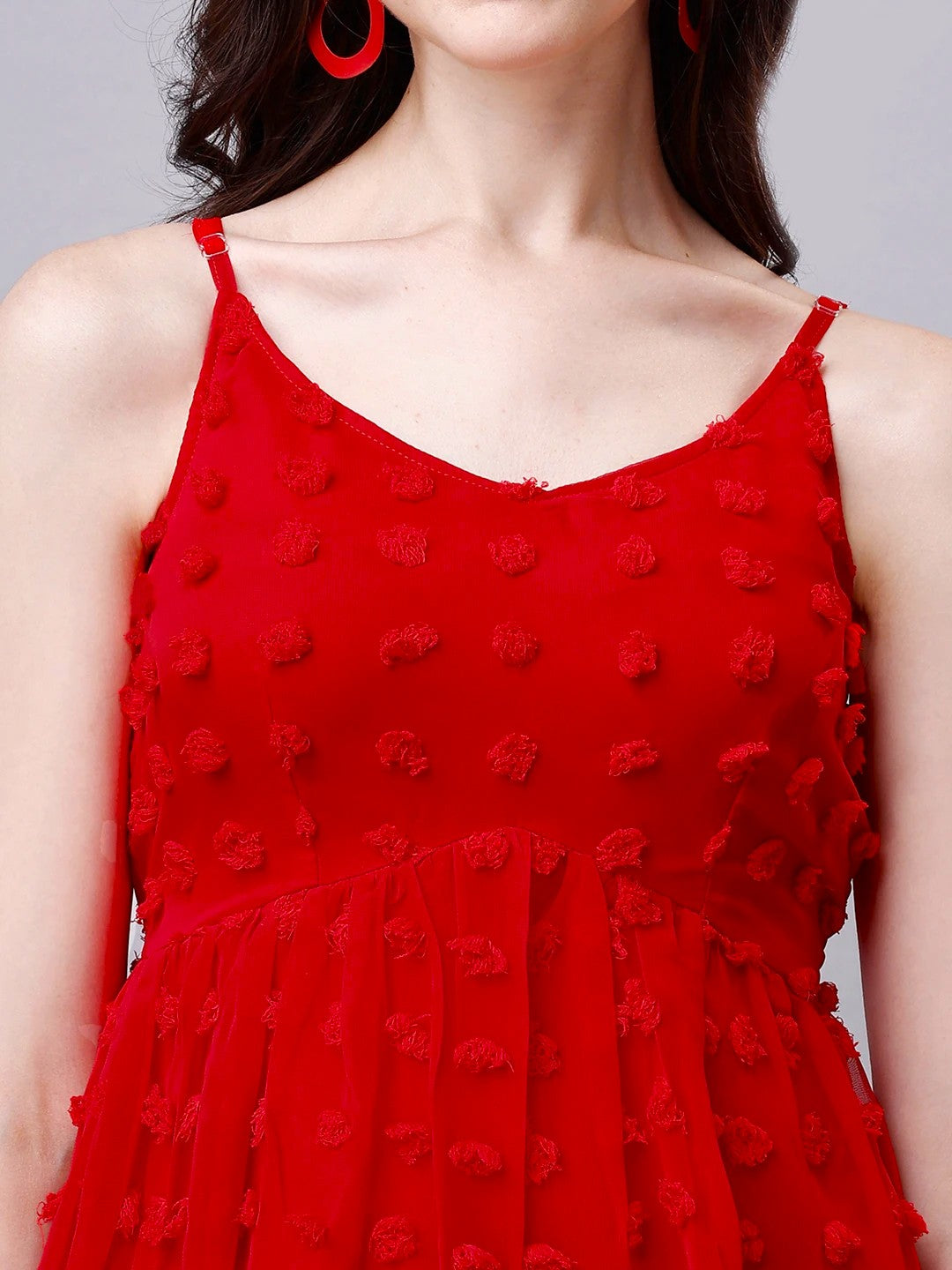 Crimson Red Pom Pom Spaghetti Top in Georgette