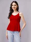 Crimson Red Pom Pom Spaghetti Top in Georgette