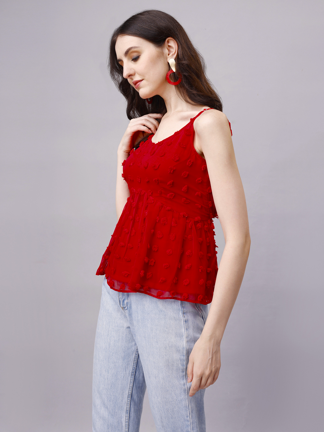 Crimson Red Pom Pom Spaghetti Top in Georgette