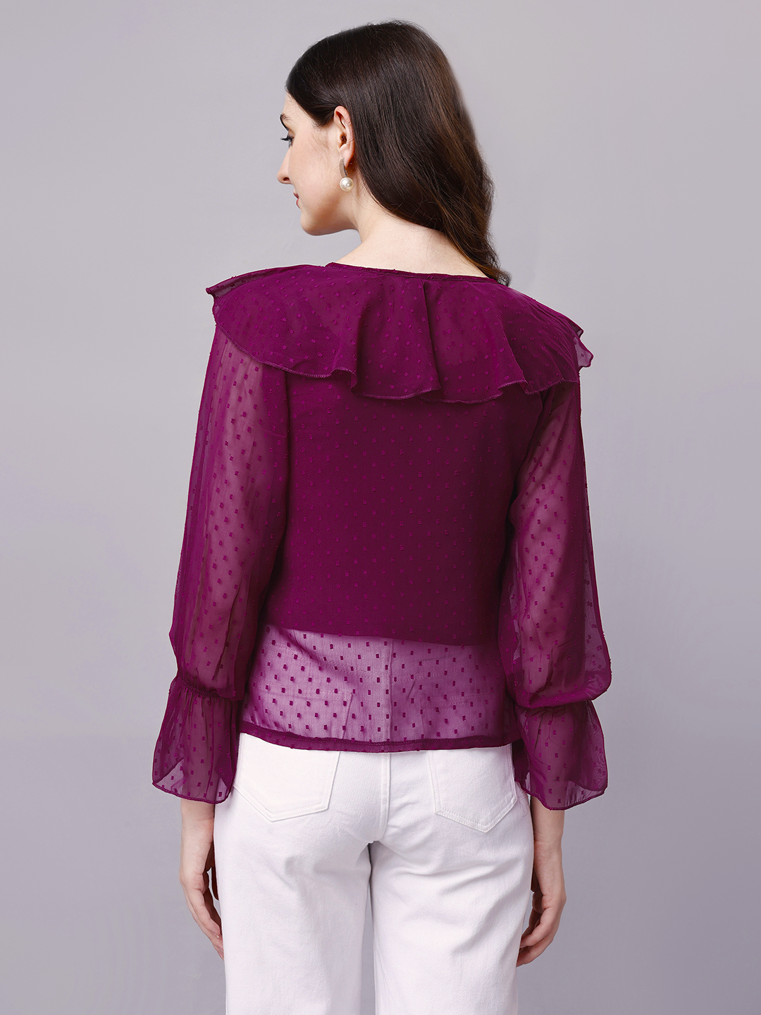 Wine Chiffon Cascade Top with Flounce Sleeve