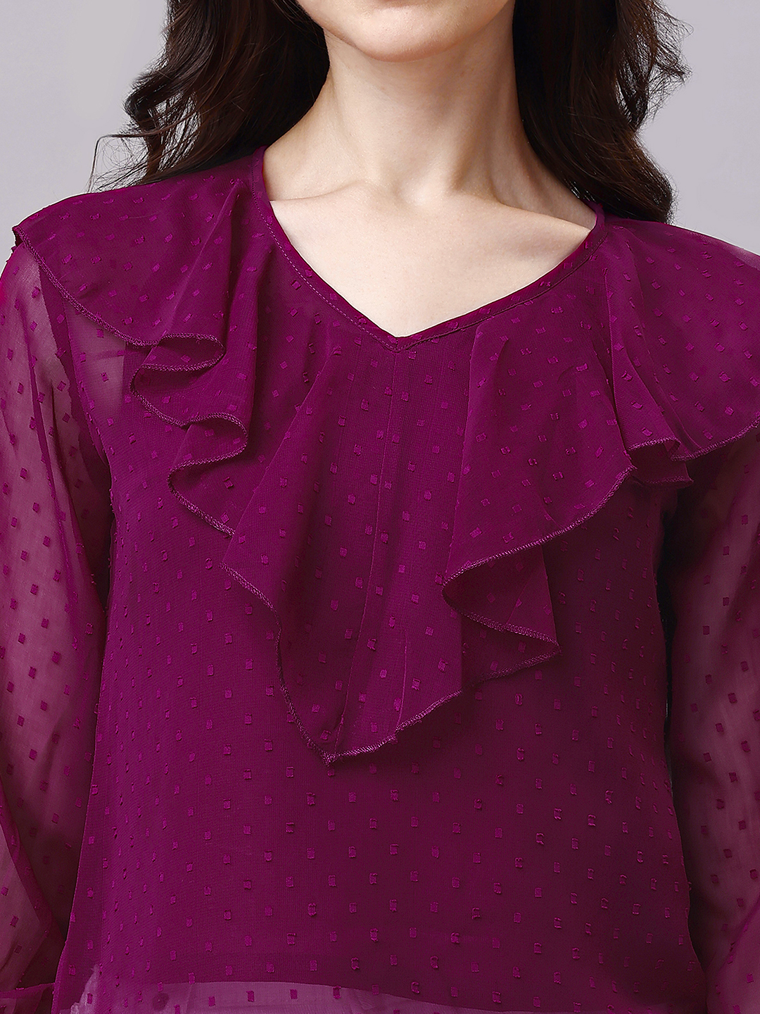 Wine Chiffon Cascade Top with Flounce Sleeve
