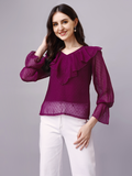Wine Chiffon Cascade Top with Flounce Sleeve