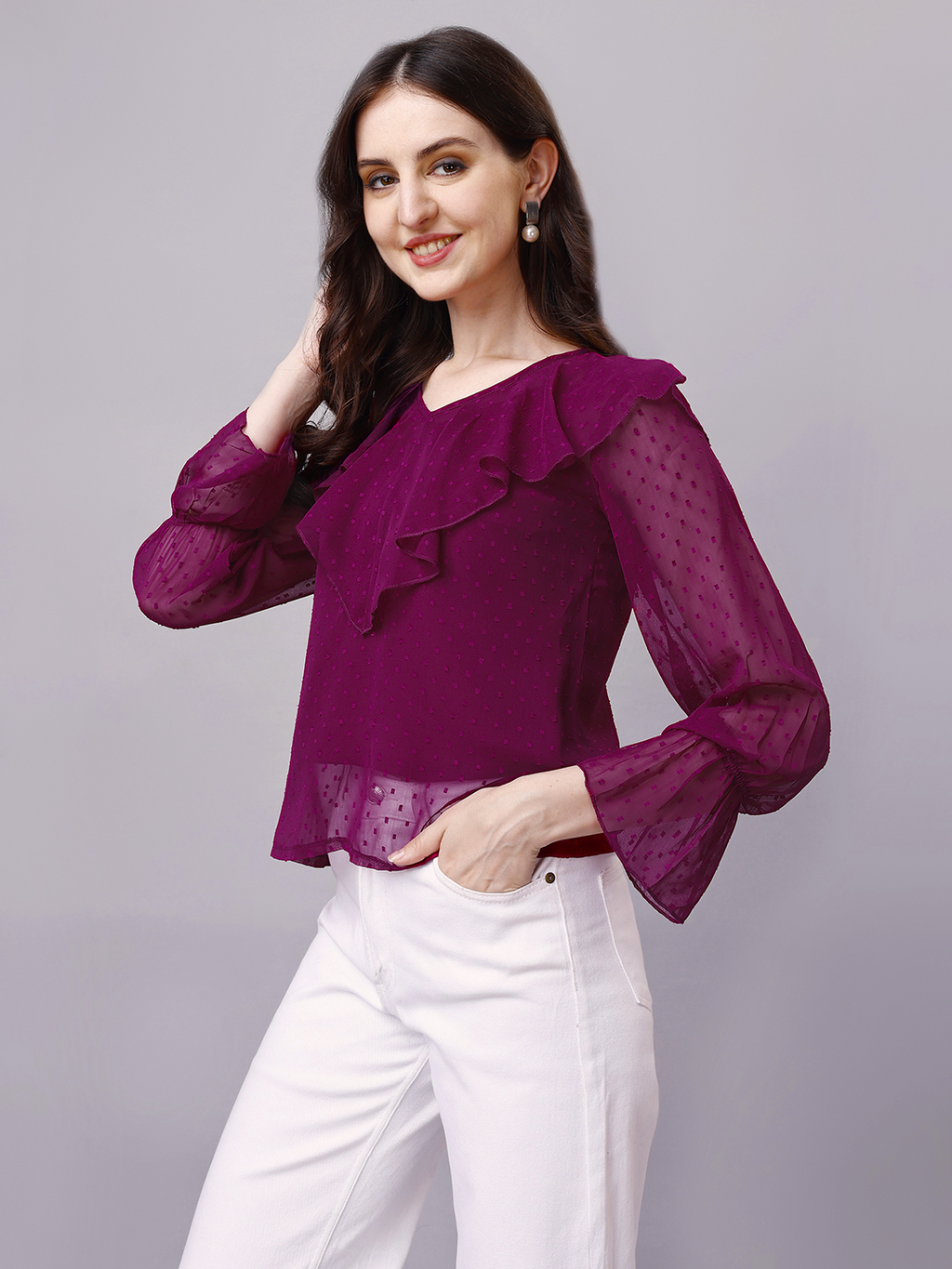 Wine Chiffon Cascade Top with Flounce Sleeve