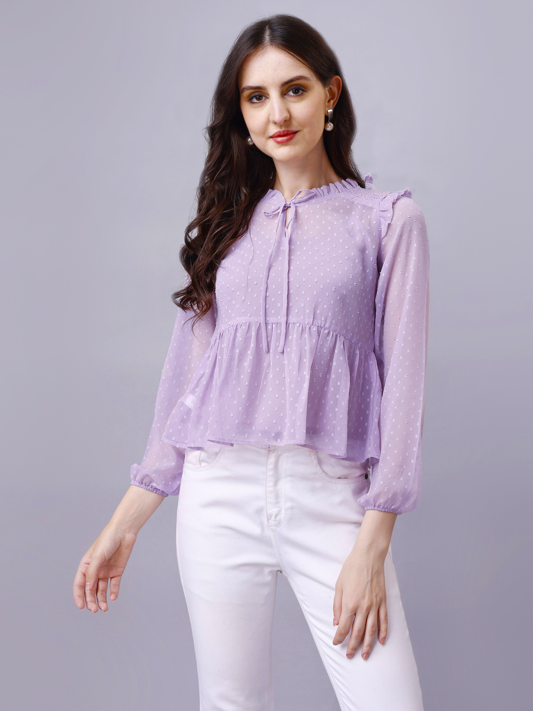 Lavender Georgette Dobby Fit & Flare Top with Smocking