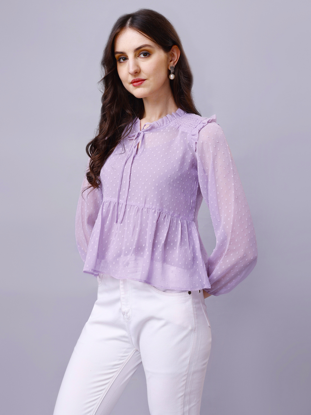 Lavender Georgette Dobby Fit & Flare Top with Smocking