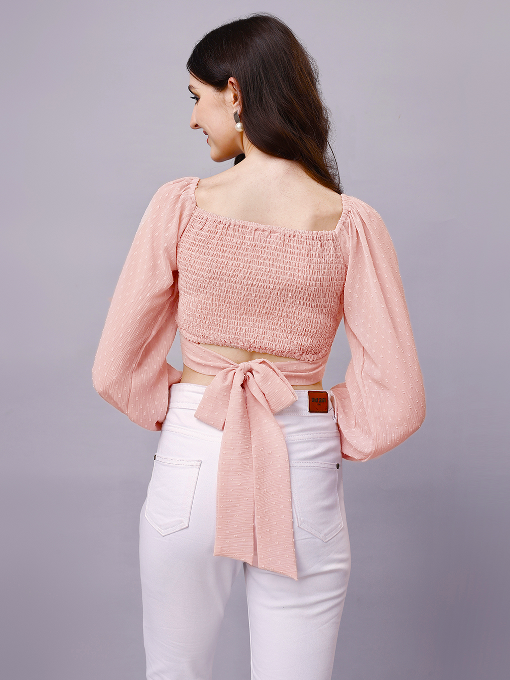 Beige Chiffon Crop Top with Bow Detail & Peasant Sleeve